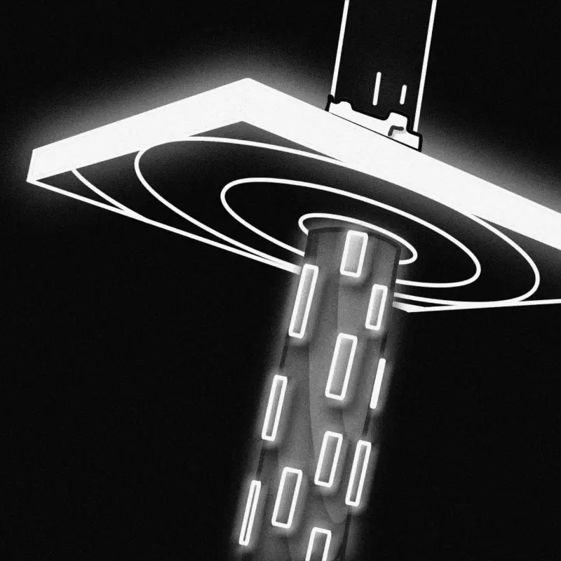 Glowing white geometric platform with circular outlines above an illuminated column against a black background