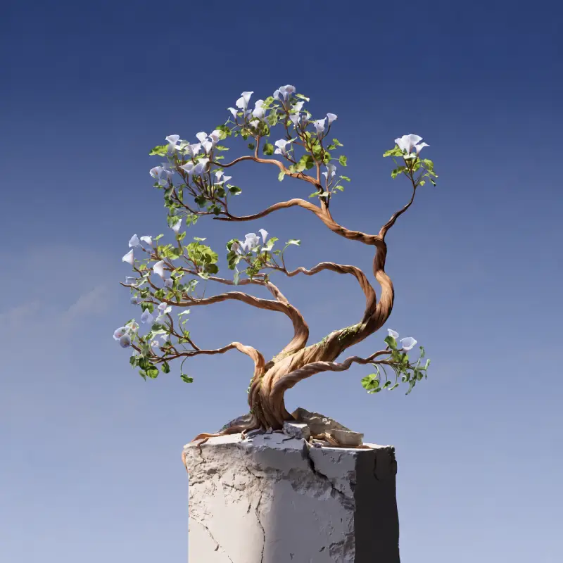 Small tree with a twisting trunk growing from a weathered stone pedestal against a blue background