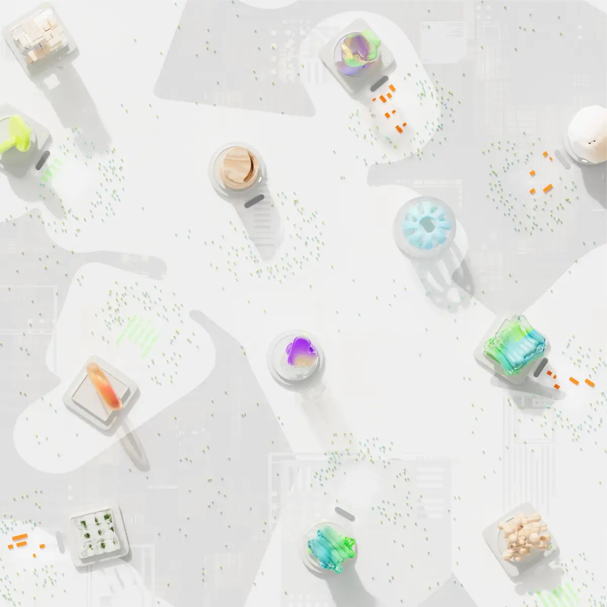 Colourful sculptural objects arranged on white geometric platforms and connected by fine lines