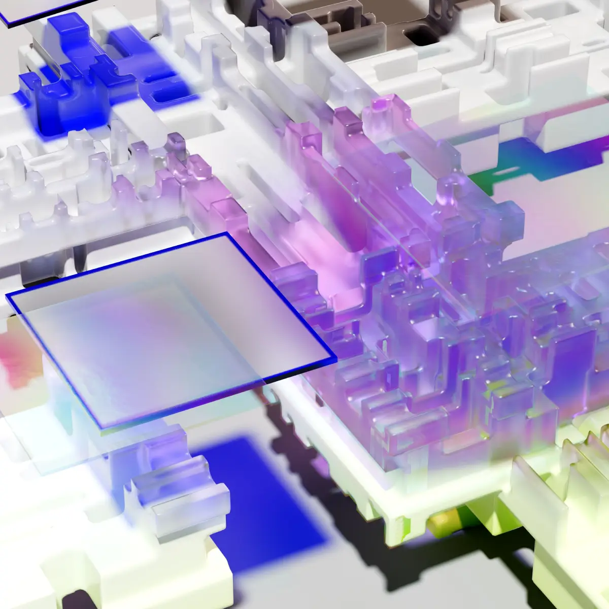 Layered translucent purple and blue geometric structures surrounding a rectangular display panel