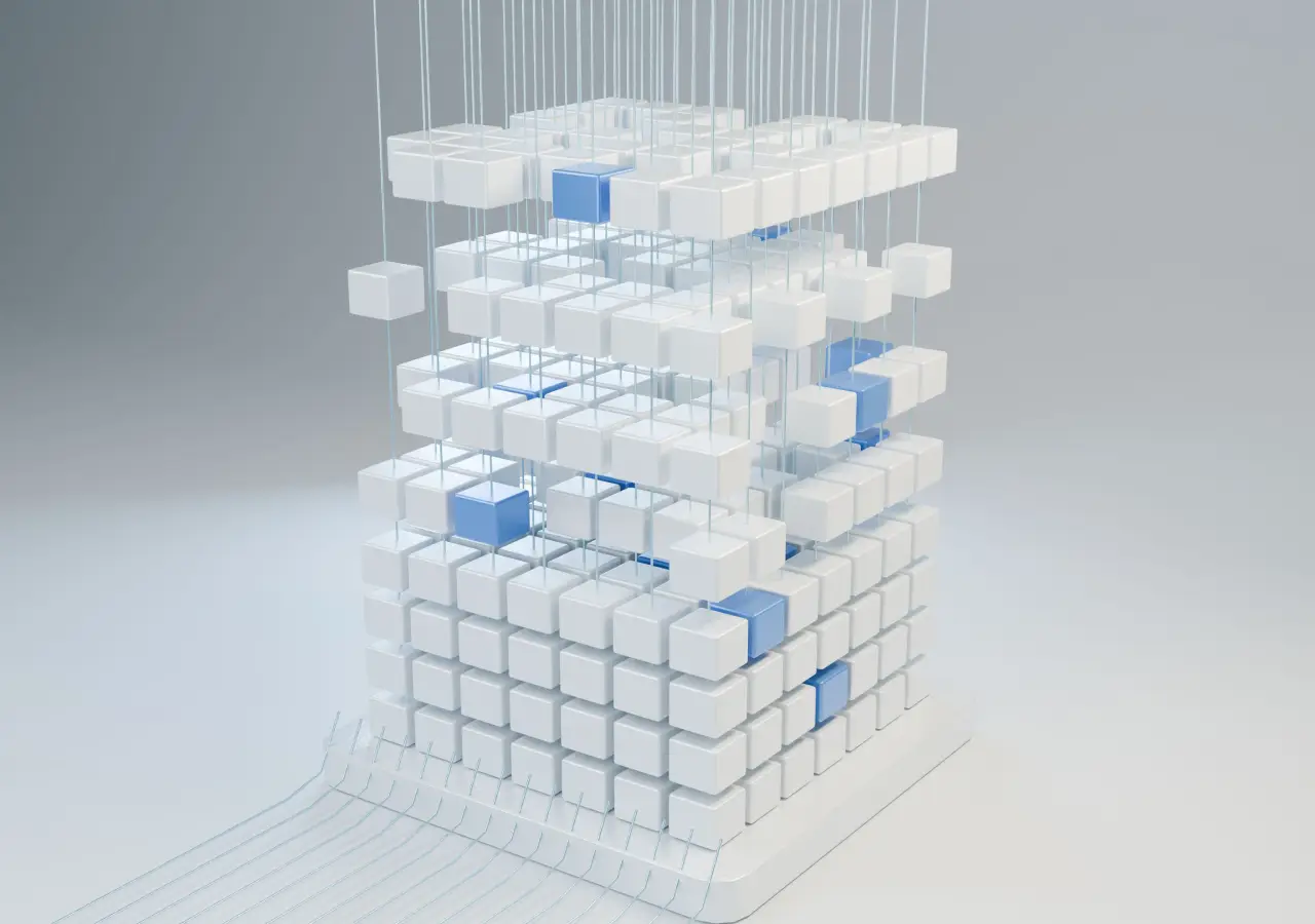 White and translucent cubes suspended in separated layers above a cubic base with blue accents