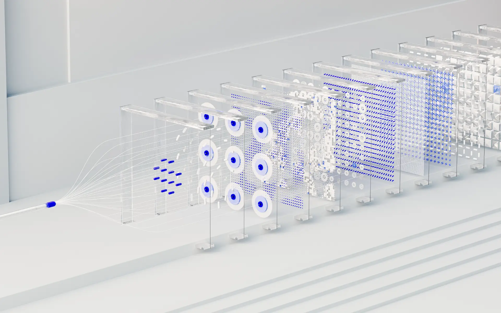 Transparent modular structures with purple circular elements and fine grids on a stepped white platform