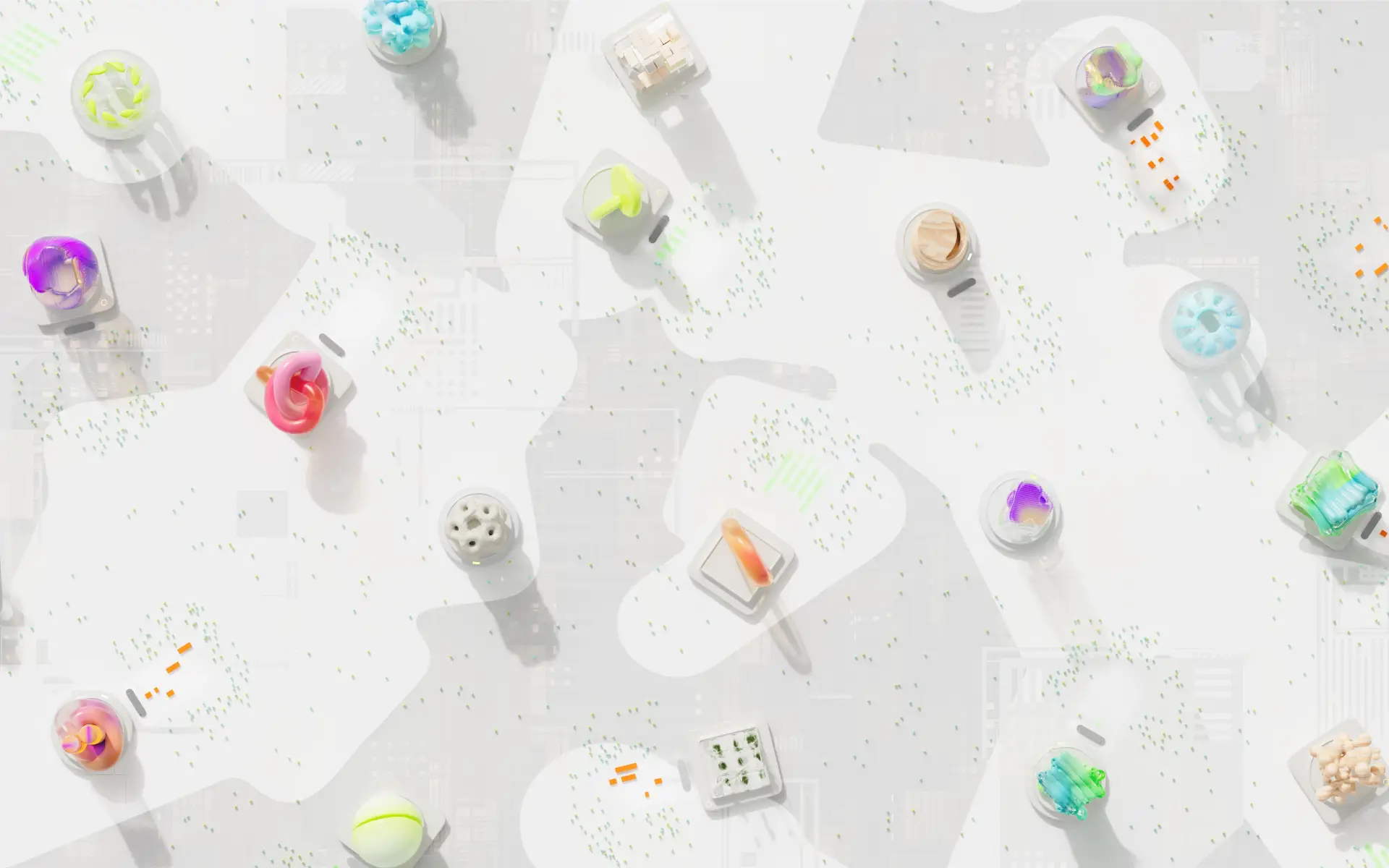 Colourful sculptural objects arranged on white geometric platforms and connected by fine lines