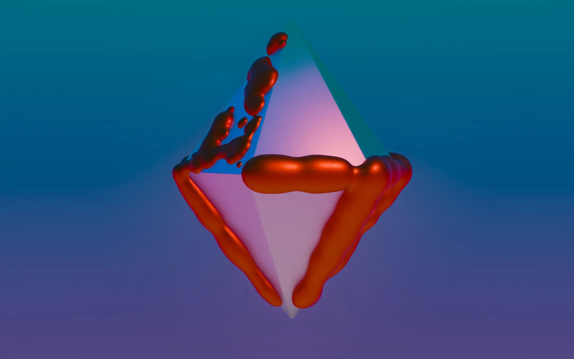 Translucent faceted geometric form surrounded by glossy red shapes against a blue and purple background
