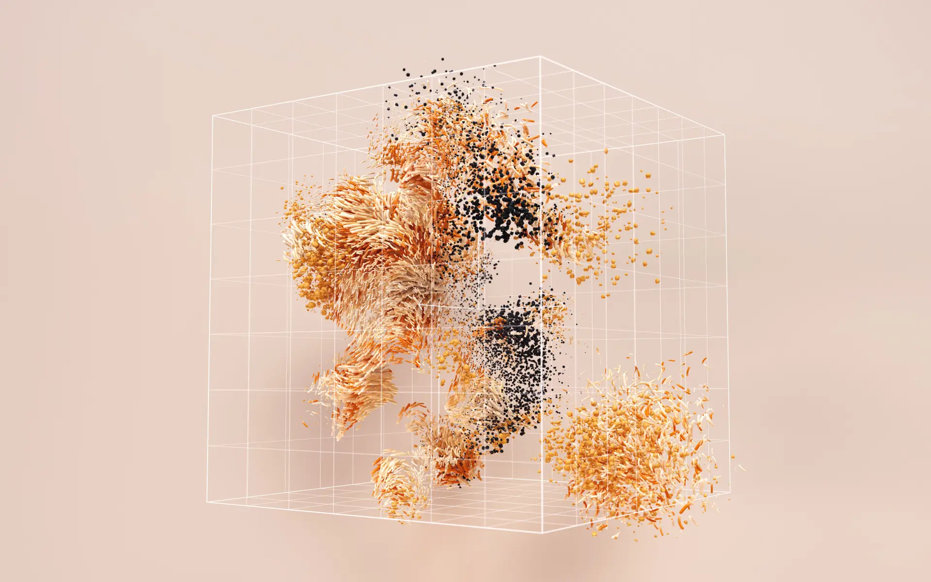 Orange and pale particle clusters suspended within a fine rectangular framework