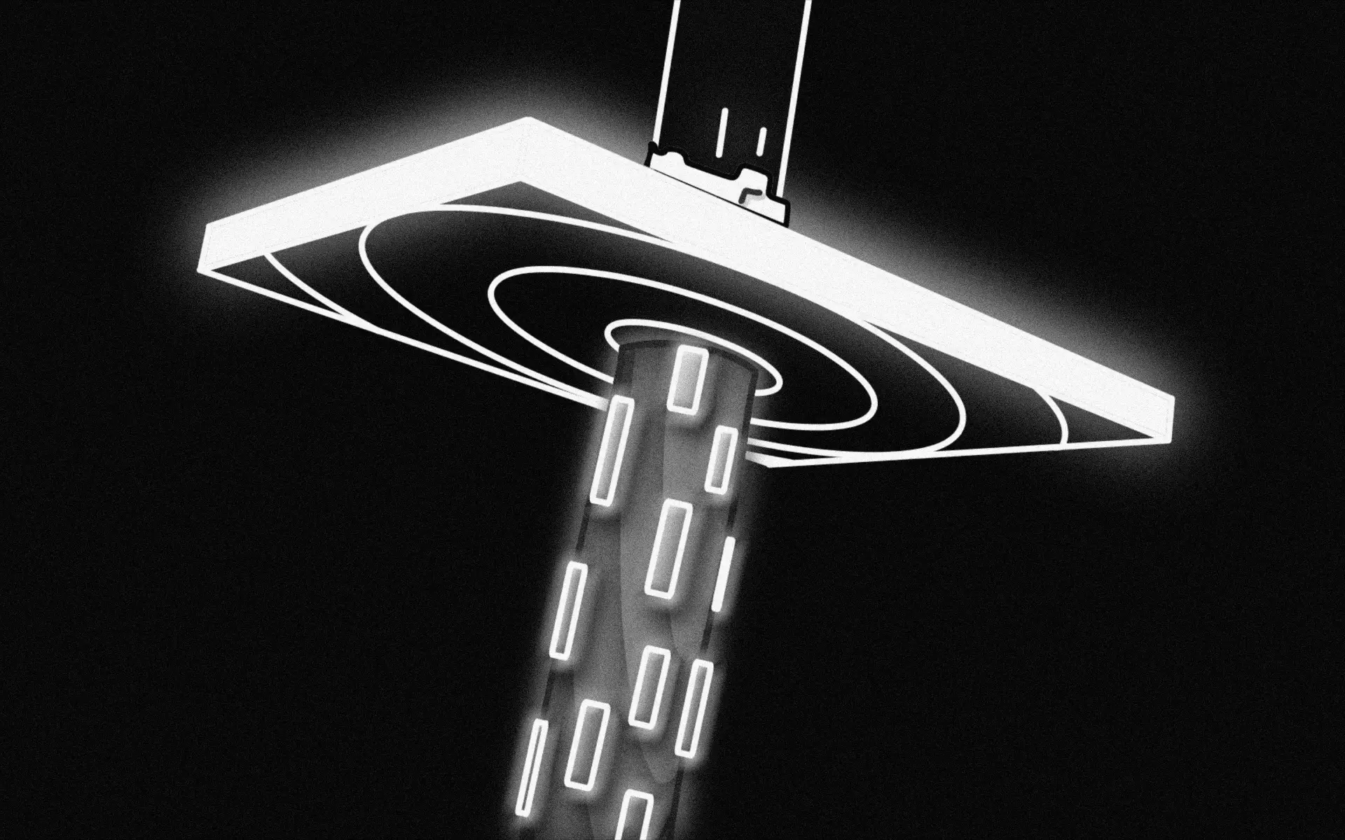 Glowing white geometric platform with circular outlines above an illuminated column against a black background