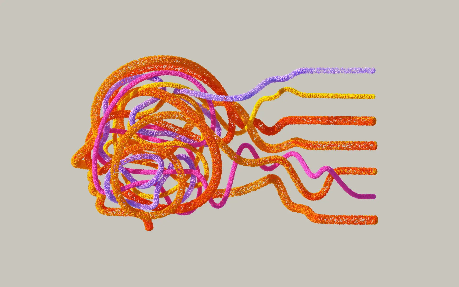 Interwoven orange, pink and purple strands extending from a tangled circular form