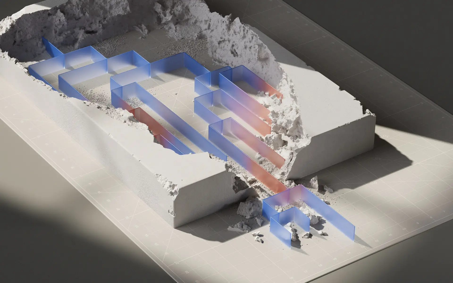 Blue and orange translucent pathways passing through a cutaway white architectural structure