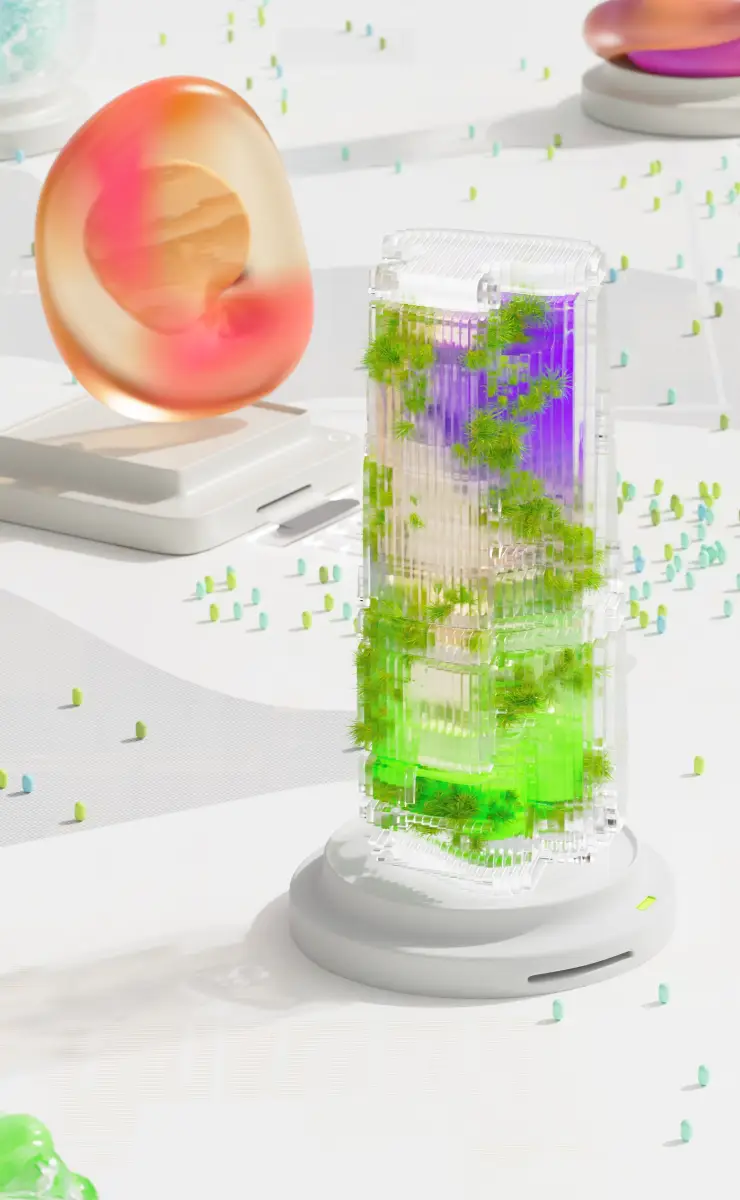 Transparent cylindrical vessels containing colourful abstract forms on white platforms