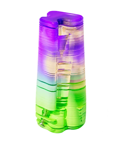 Translucent cylindrical sculpture with purple, yellow and green sections