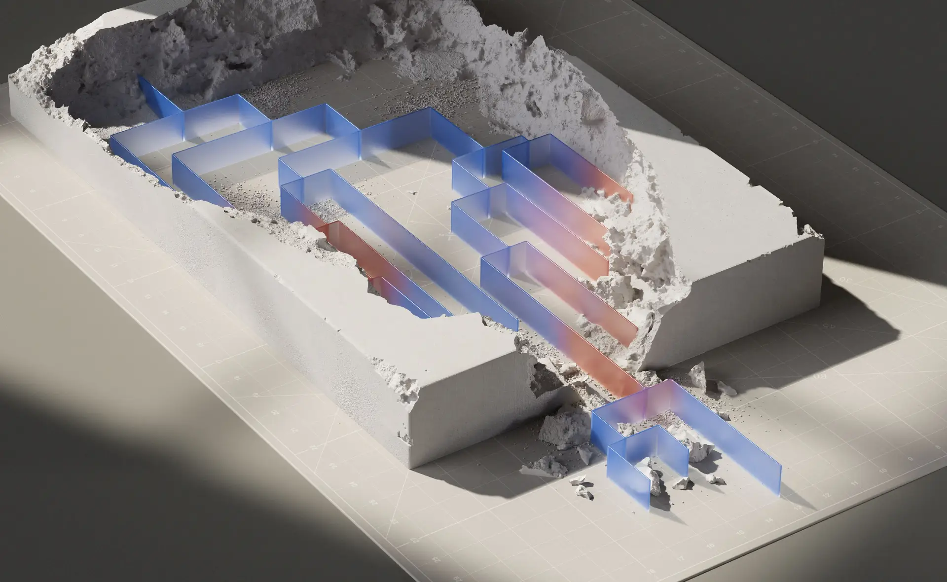 Blue and orange translucent pathways passing through a cutaway white architectural structure