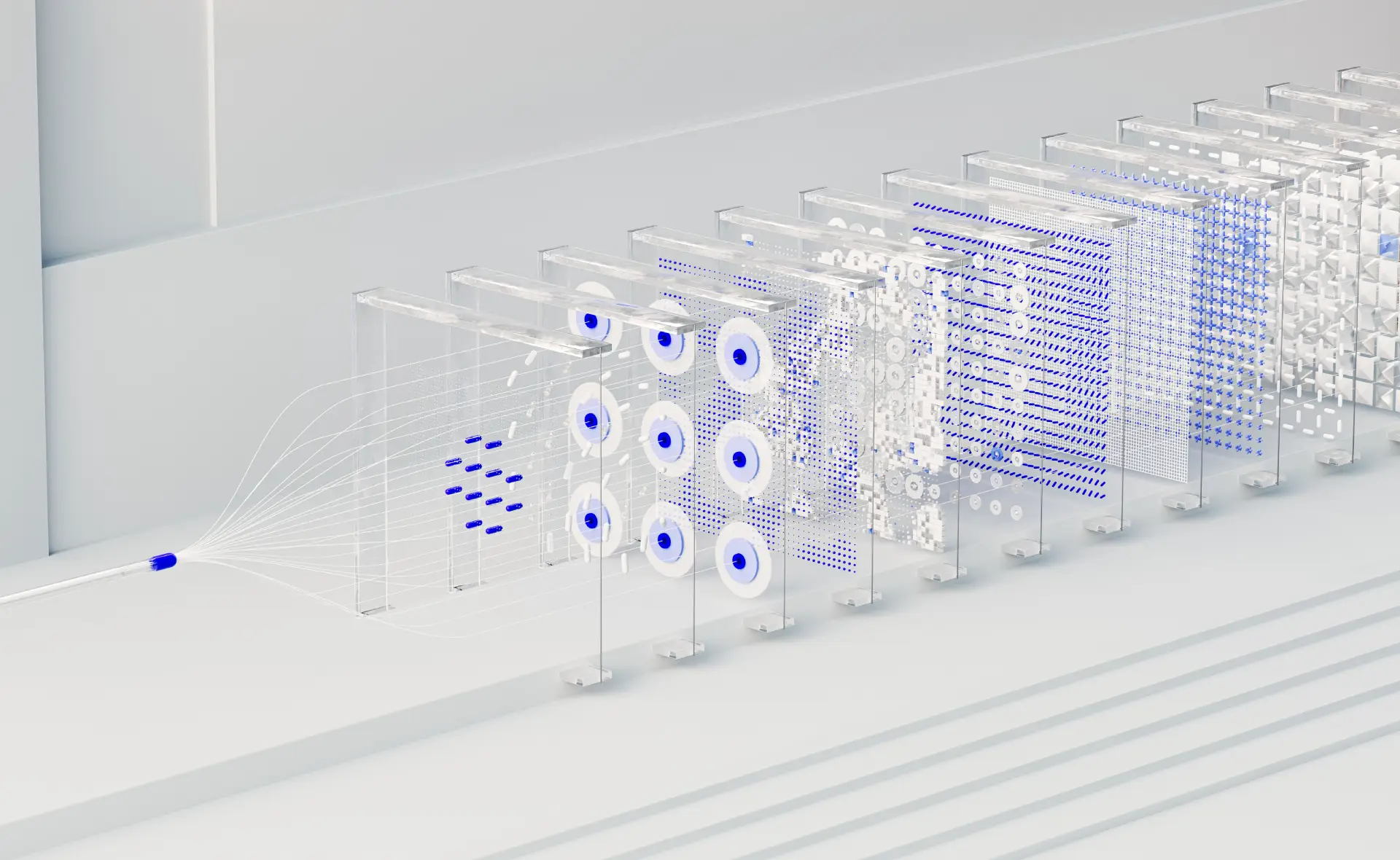 Transparent modular structures with purple circular elements and fine grids on a stepped white platform