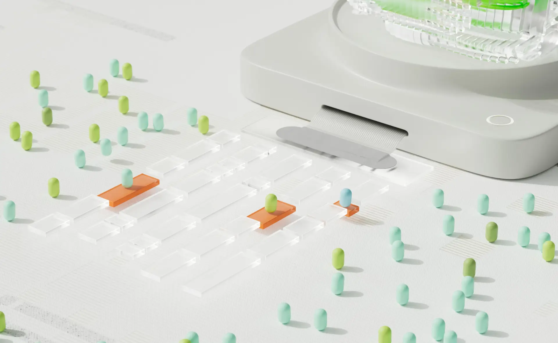 Green and turquoise markers arranged along tracks beside a white platform with orange arrows
