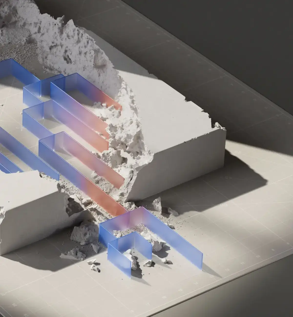Blue and orange translucent pathways passing through a cutaway white architectural structure