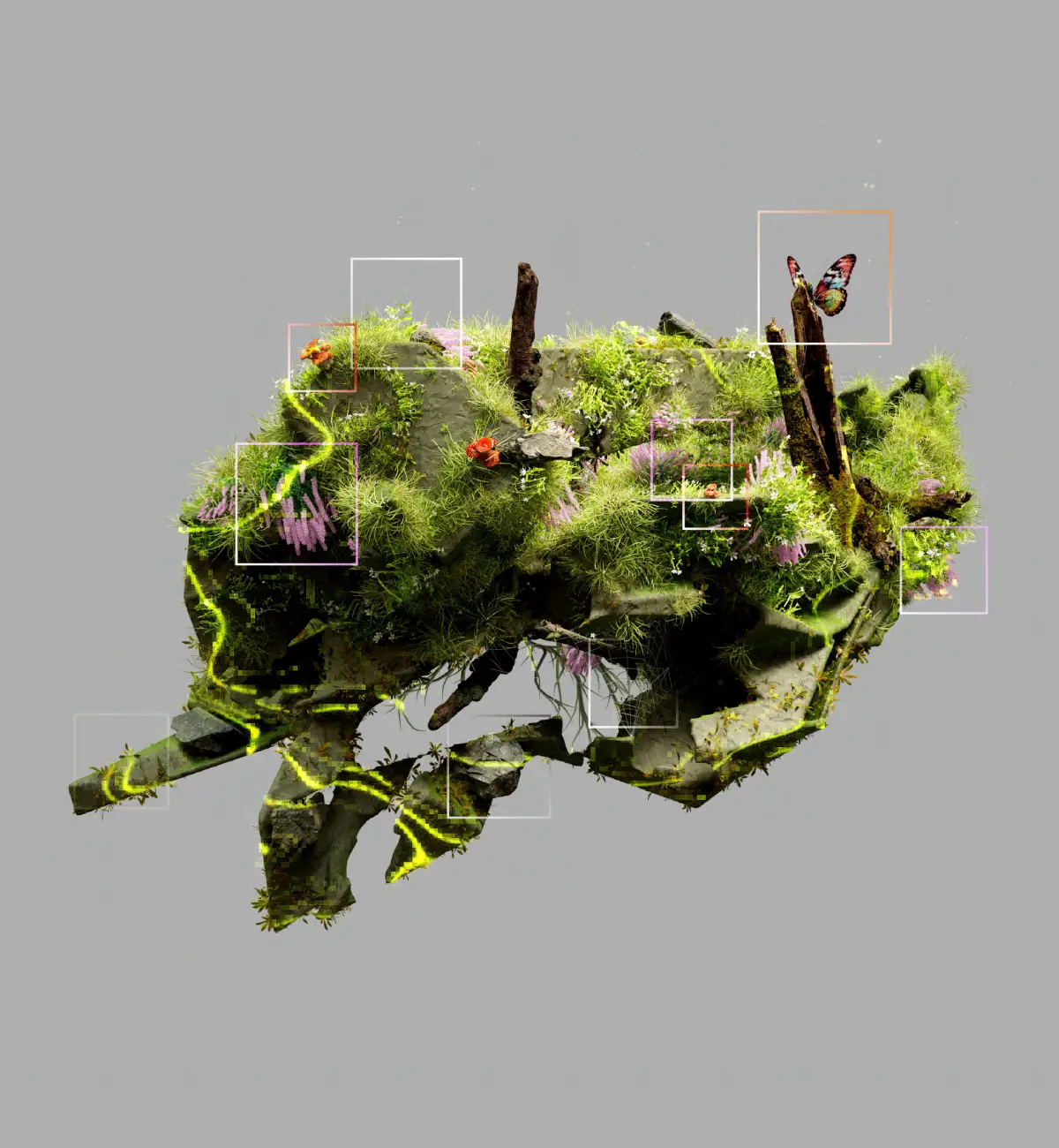 Floating moss-covered rocky island with dark upright structures and fine rectangular frames