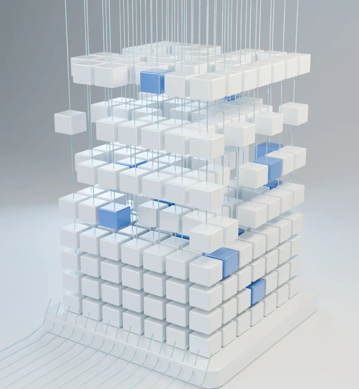 White and translucent cubes suspended in separated layers above a cubic base with blue accents