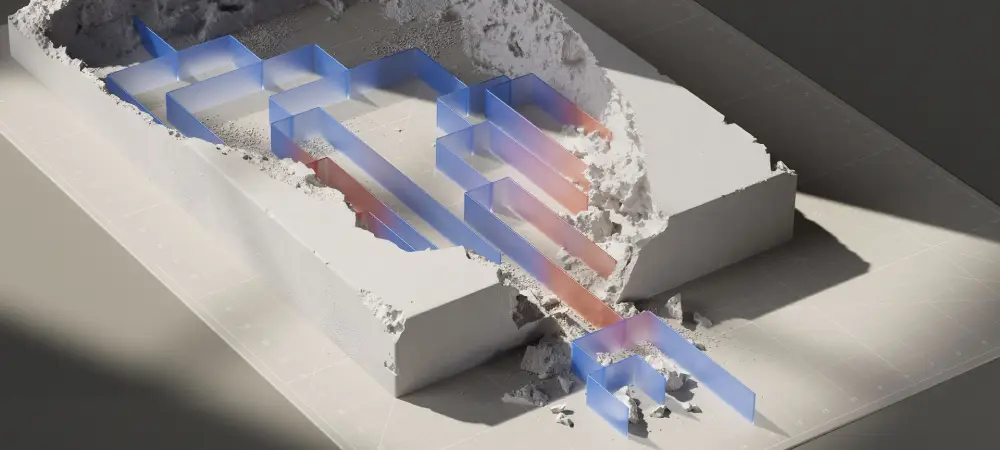 Blue and orange translucent pathways passing through a cutaway white architectural structure