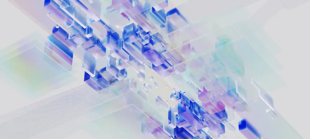 Translucent blue and iridescent geometric forms arranged in a layered diagonal structure